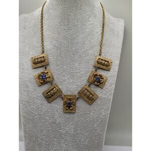 Vintage Brass Panel Necklace Blue Glass Stones Floral Deco Style 1930s 1940s